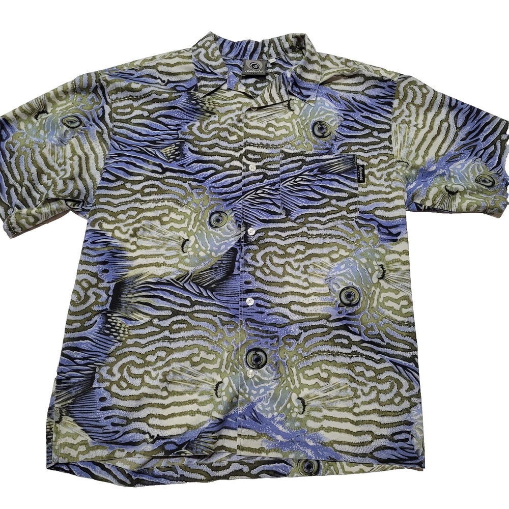 ⭐Vintage Rietveld Shirt Men's Large Bold Fish Art Made in USA Surreal Reef Print